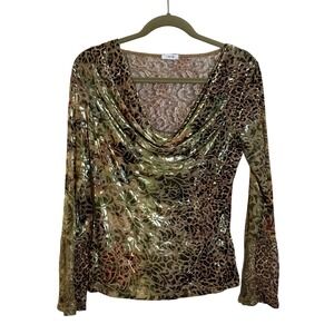 Vintage‎ Cache Velvet Burnout Draped Neck Top Size L Green Gold Lace Y2K 90s